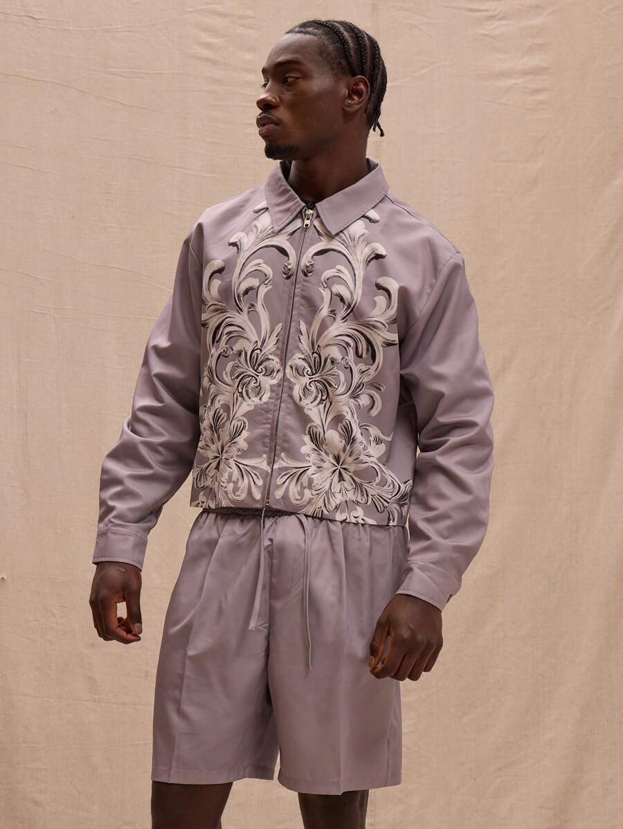 Musero Cropped Zip Up Boxy Floral Nylon Jacket Spring, Summer, Streetstyle - Khaki - View 1