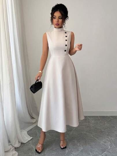 Elenzga Elegant Vacation Casual Sleeveless Dress With Decorative Buttons, Spring/Summer