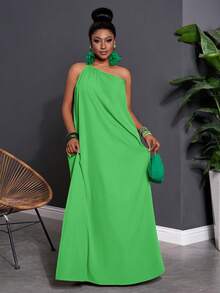 Slaydiva Đầm maxi lệch vai màu đỏ gỉ sét dáng rộng cỡ lớn, phong cách thường ngày/nghỉ dưỡng, đầm maxi lệch vai mùa xuân/hè, đầm maxi lệch vai màu xanh lá cây, đầm maxi cỡ lớn. - màu xanh lá - Xem 6