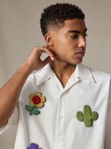 AXEPEAK 男士 3D 花卉装饰单排扣休闲短袖白衬衫