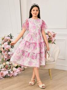 Tween Girls Elegant Floral Print Mesh Ruffle Hem Summer Dress - Pink - View 1