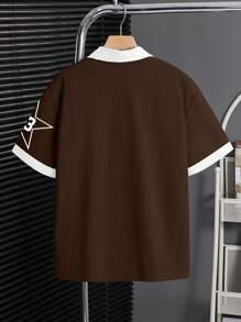 SHEIN Leap Crew Teen Boy Loose Drop Shoulder Casual Cool Star, Text, Pattern Print Polo Shirt, Suitable For Summer - Multicolor - View 3