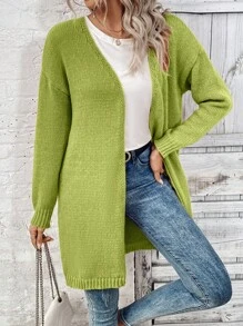 SHEIN LUNE Women's Solid Color Drop Shoulder Long Sleeve Long Casual Cardigan Sweater - Olive Green - View 3