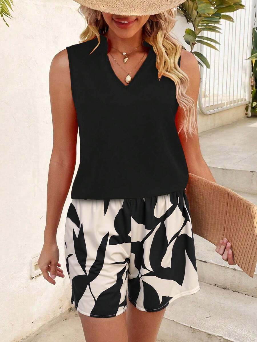 Breezaya 纯色印花无袖上衣搭配印花短裤春夏套装 - 彩色 - 查看 1