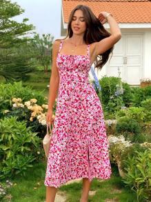 KARISMINA Sommerliches Lässig Date Kleid für Ausflüge, mit Bindeband an der Vorderseite der Brust und Kreuzband am Rücken zum Raffraffen der Taille sowie einem ausgestellten A-Linien Rock mit Schlitz an der Seite, ein romantisches Kleid mit kleinem Blumenmuster im Vintage-Stil, einfacher Stil, Bürokleidung, "Old Money"-Stil, Lehreroutfit, Date-Kleid, für Hochzeitssaison-Nachmittagsteeveranstaltungen, Muttertagskleid, für Musikfestival-Ausflüge.