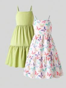 Conjunto de 2 piezas de vestido morado con decoración de mariposas coloridas para niñas preadolescentes - Verde Oliva - Ver 1
