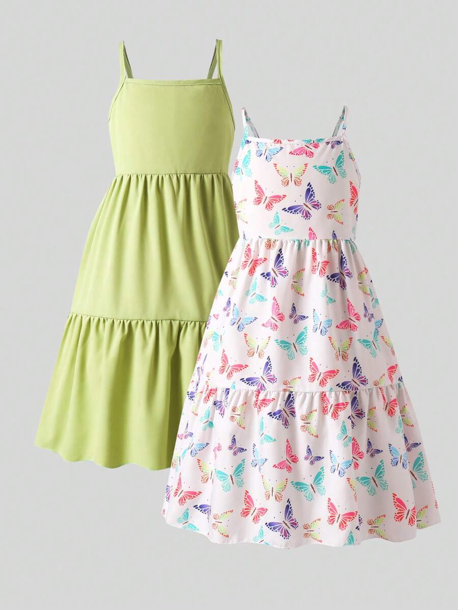 Conjunto de 2 piezas de vestido morado con decoración de mariposas coloridas para niñas preadolescentes - Verde Oliva - Ver 1