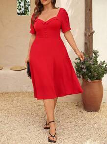 SHEIN Clasi Abito estivo elegante da donna in taglie forti, a maniche a sbuffo, colore unito, adatto per l'uso quotidiano
