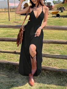 SHEIN EZwear 黑色波西米亚风露背V领夏季度假连衣裙 - 黑色 - 查看 4