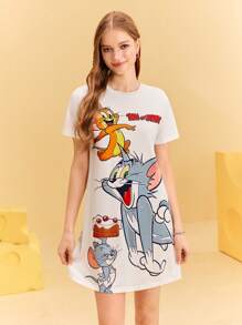 TOM & JERRY X SHEIN Round Neck Short Sleeve Slim Fit White Summer Comfortable, Casual Cartoon Cute Fun English Letters Ice Cream Cat And Mouse Pattern Women's Short Dress