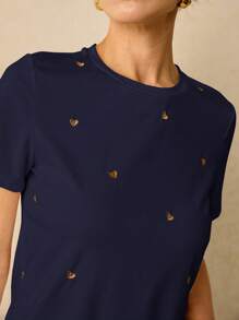 Poéselle Camiseta de manga corta para uso casual diario con bordado de hilo y estampado de corazón, camiseta de verano de algodón para mujer con diseño bordado para té y eventos de verano