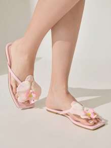 CUCCOO CHICEST Women's Summer New Iris Flower Square Toe Flat Elegant Casual Sweet Light Pink Faux Leather Ladies Flat Sandals Slippers Beach Shoes, Suitable For Afternoon Tea, Dating, Elegant Outfit, Vacation, Beach, Hawaii Island Style