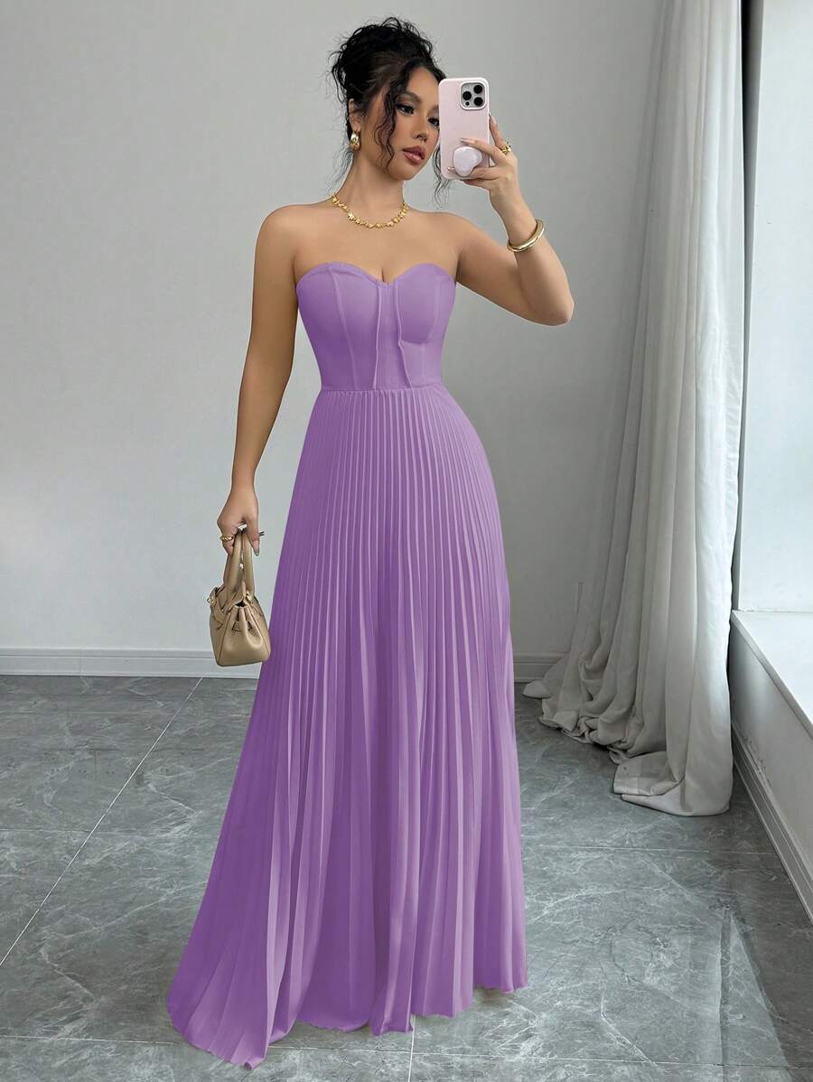 Elenzga Women's Elegant Romantic Bandeau Waist A-Line Pleated Dress - Mauve Purple - View 1