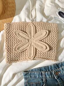 Comfortcana Women's Summer Vacation Crochet Floral Accent Cropped Knitted Top - Apricot - View 5