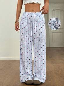 Flirla Damen Mode vielseitige Erdbeerdruck Spitze gestreifte Hose, geeignet für Urlaub und süßen Preppy Stil