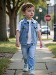 SHEIN 2pcs/Set Kids Boys Casual Korean Style Denim Vest And Jeans Pants, Comfortable Woven 2 Pieces Outfit - Blue - View 6