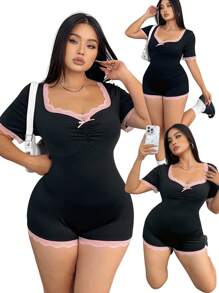 POPSWAY Plus Size Collared Bowknot Contrast Color Trim Short Sleeve Casual & Elegant Jumpsuit For Spring/Summer, Black - Black - View 1