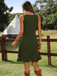 SHEIN LUNE Vestido mini sin mangas con bajo con flecos negro para mujeres, primavera/verano