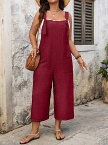 SHEIN LUNE Mono peto con perneras rectas, decoración con bolsillo y cordón ajustable, talla grande - Rojo - Ver 4