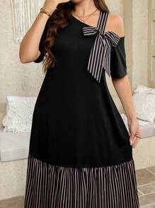 SHEIN LUNE Plus Size Oblique Shoulder Tie Front Striped Casual Dress For Summer Mother's Day Church Outfits Women,Sun Dresses For Women - Multicolor - View 5