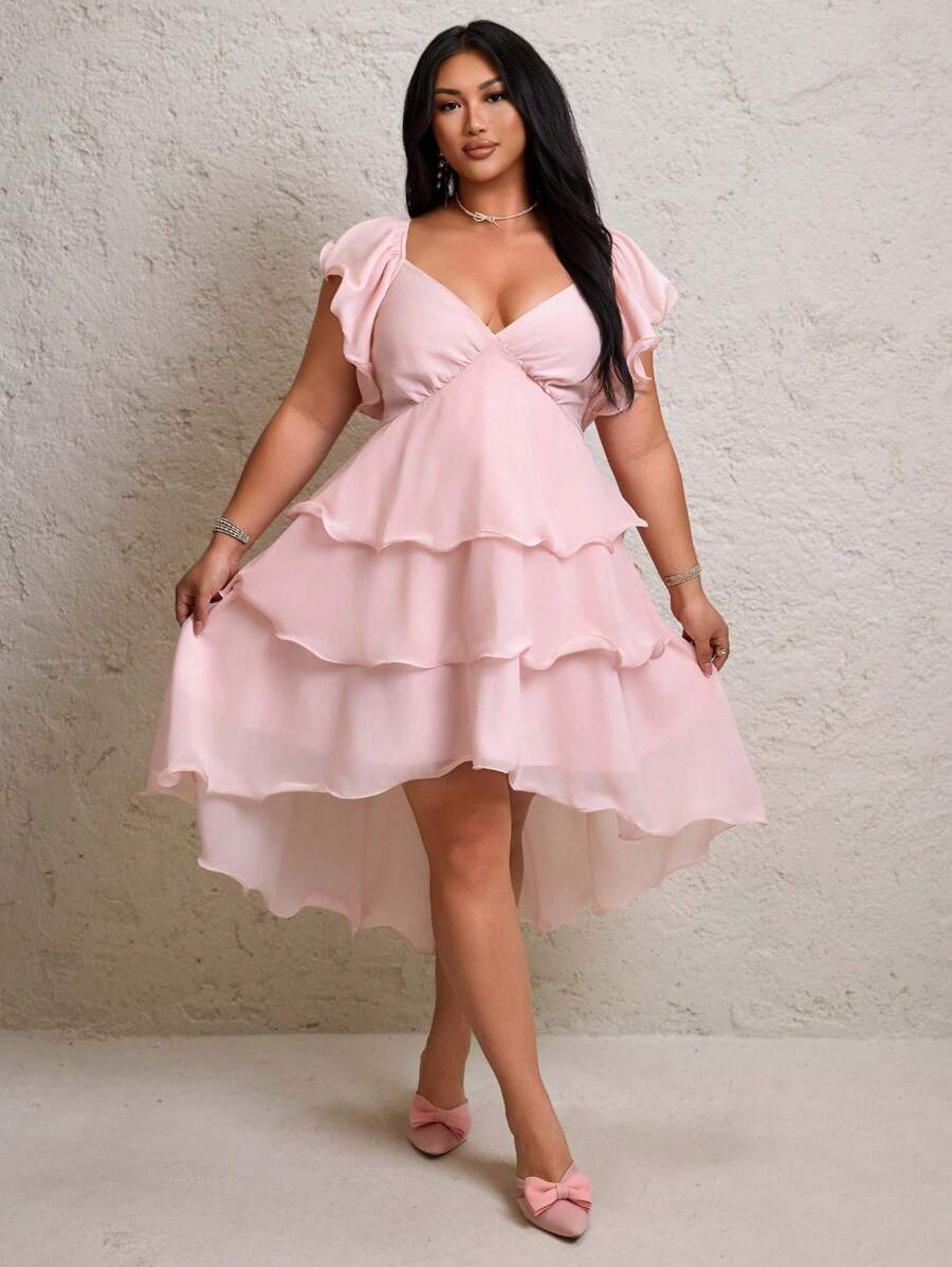 Flirla Einfarbiges, süßes Prinzessin-Stil Kleid mit Rüschensaum - Pink - Übersicht 1