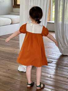 SHEIN Vintaside Kids Vestido de manga corta para niña con cuello Peter Pan, bordado floral, color naranja, adecuado para festivales, uso diario casual y fiestas relajadas