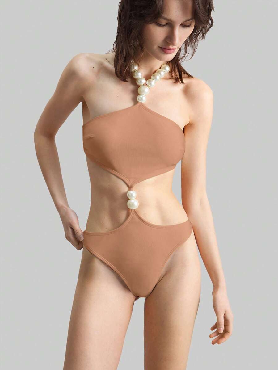 Ontre 1 bộ đồ bơi liền thân đơn giản phong cách Bohemian đính ngọc trai giả cho nữ - màu nâu - Xem 1