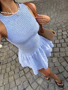 Sunnyshic 蓝色格纹无袖A字迷你连衣裙，松紧腰身，修身廓形，甜美法式风情，适合度假，春夏季