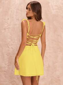 SHEIN BAE Váy ngắn buộc dây hở lưng bằng vải chiffon màu vàng kem, dành cho nữ, váy trắng ôm nhẹ thời trang xuân/hè - Màu vàng - Xem 2