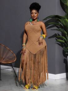 Slaydiva 大码修身纯绿色长款流苏装饰休闲针织单肩连衣裙，春夏冬秋秋季，流苏连衣裙 - 卡其色 - 查看 13