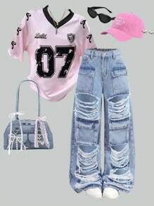 SHEIN Girlism 青少年女孩日常休闲破洞翻盖口袋工装牛仔裤