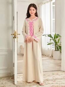 SHEIN Leap Crew Teen Girls Pattern Print Maxi Long Dress - Khaki - View 5