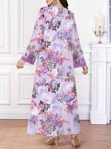 Al Najma Women's Elegant Retro Floral Pattern Arabic Style V-Neck Long Dress, Modest - Multicolor - View 2