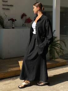 DAZY Casual Western Style Beach Vacation Solid Color Denim Effect Linen Loose Set, Spring, Women Two Pieces Sets Fall/Winter Lounge Sets For Women - Black - View 4