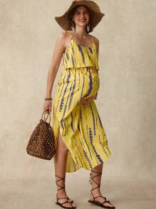 SHEIN Pregnant Women's Summer Skin-Friendly Tie-Dye Spaghetti Strap Dress Maternity Dress With Waist Belt And Side Slit - Yellow - View 6