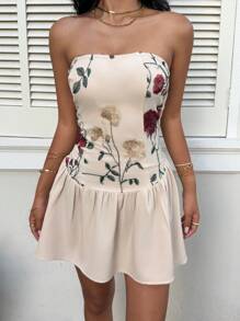 Sunnyshic Women's Casual Vacation Embroidery Mesh Patchwork Bandeau Mini Dress - Apricot - View 3