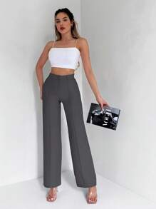 EURMUSE Plain Color Press Crease Formal Office Pants - Dark Grey - View 5