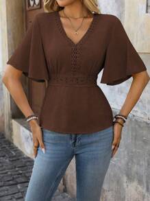 SHEIN LUNE Women's Lace Patchwork Waist Vacation Blouse - Brown - View 7