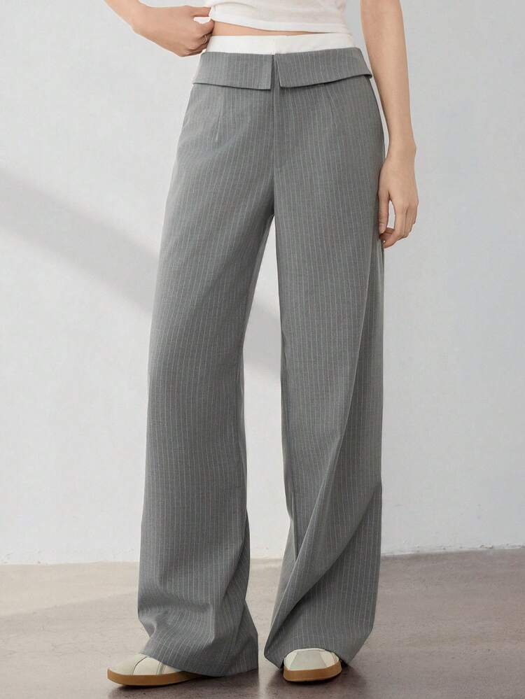 Women's Office Casual Mixed-Color Pieced Waistband Decor Plaid Straight Leg Pants Business Casual Woman