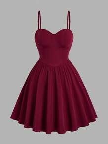 Sweetra Solid Color Camisole Waist Flattering Mini Dress - Burgundy - View 1