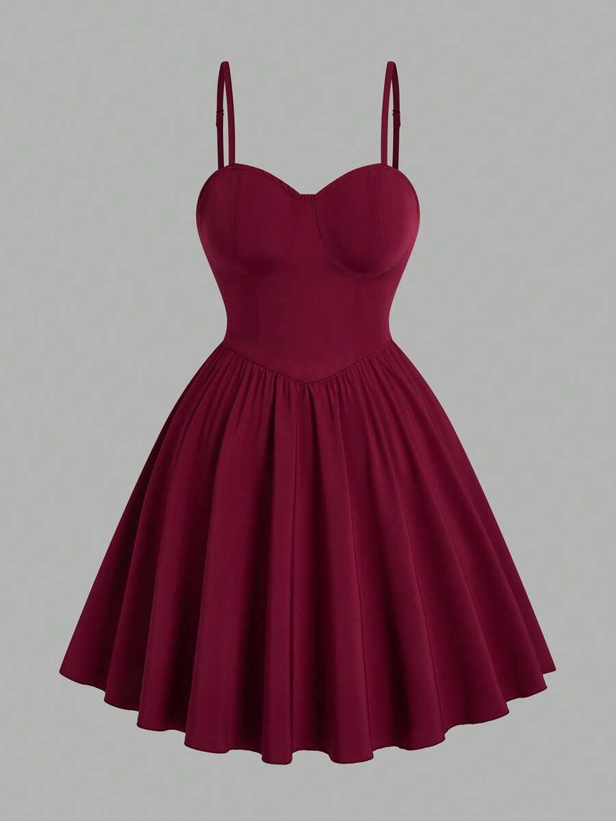 Sweetra Solid Color Camisole Waist Flattering Mini Dress - Burgundy - View 1