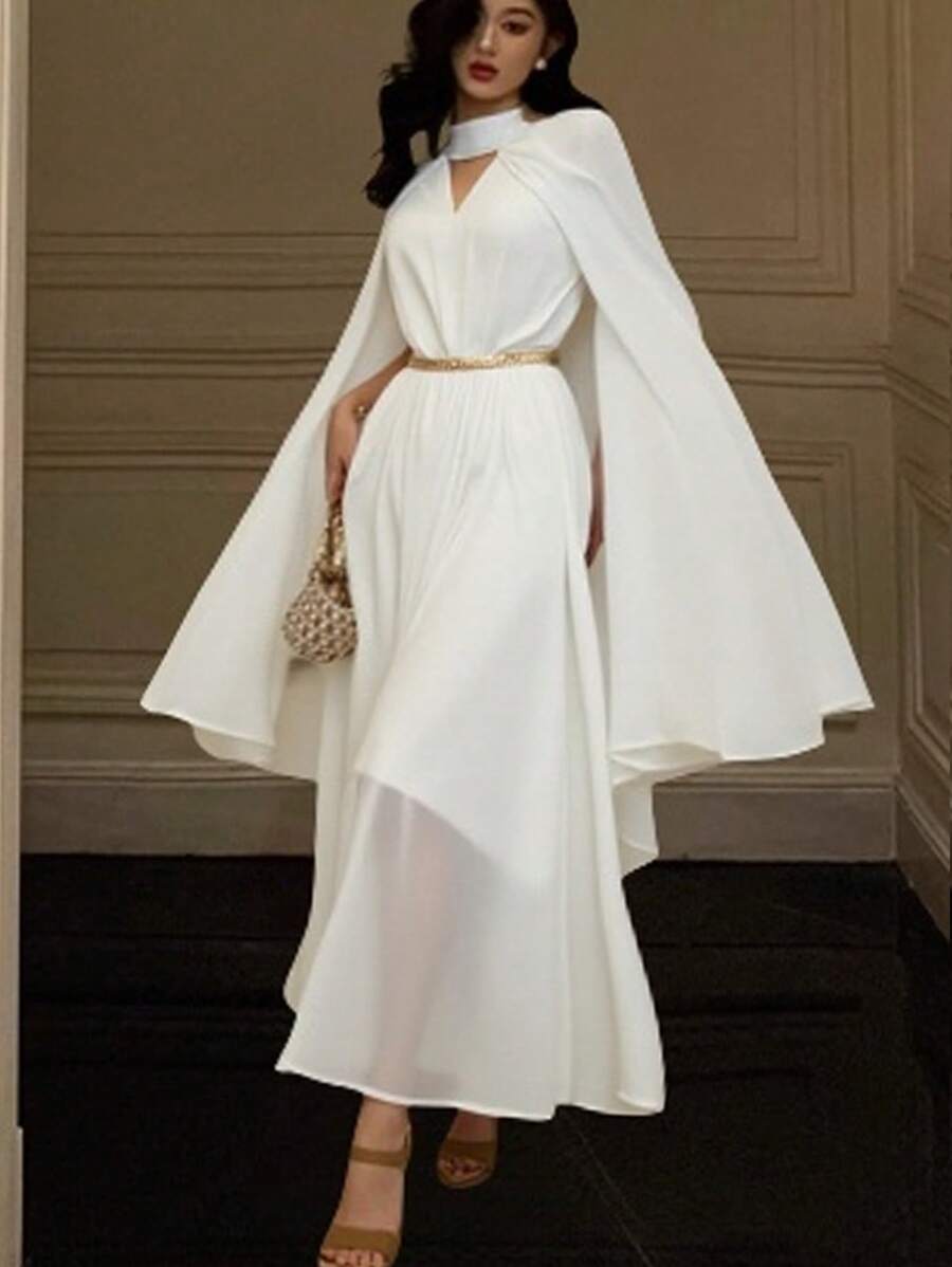 DAZY Vestido de Body ceñido con cintura entallada, abertura en la manga, decoración de rhinestones, bajo en línea A, unicolor, vestido de verano de longitud media, adecuado para graduación, invitado de boda, conciertos, salidas - Blanco - Ver 1
