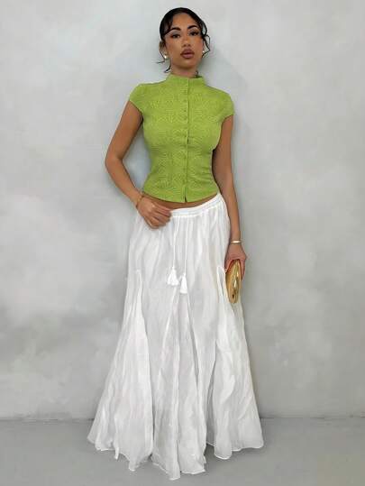 Glamine Camiseta feminina de malha elástica com ajuste e manga curta verde sálvia, textura de concha minimalista e confortável, estilo vintage natural, adequada para passeios diários no verão