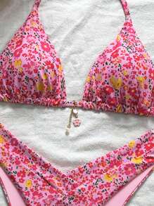 Swim Mod Set de 2 piezas con estampado floral de bikini sexy con parte superior triangular y Bottom con corte alto, apropiado para vacaciones de verano - Multicolor - Ver 3