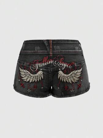 Grunge Punk Short en jean à taille basse de style vintage avec broderie aile et croix, pour grandes tailles, style Y2K