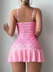 SHEIN 2pcs Set: Ruffled Romantic Lace Contrast Mesh Tie-Up Nightgown + G-String Panty - Pink - View 2