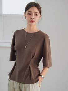 Dazy-Less Camicetta estiva da donna in maglia piisseggiata con bottoni, tinta unita, stile casual business, vita stringata, maniche corte con fiocco sul retro