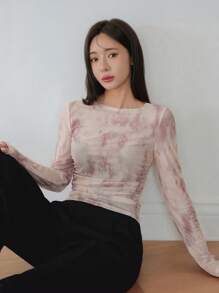 Dazy-Less 女士休闲渐变扎染透视网纱长袖衬衫，修身款，春夏秋季花卉图案服装 - 粉色 - 查看 3
