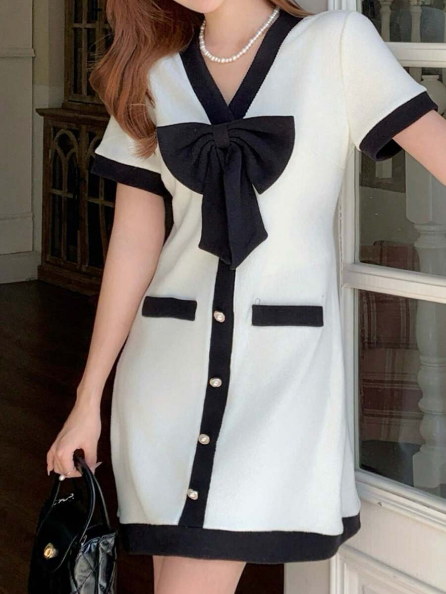 SHEIN Adolescente fete elegante, colegiu, înapoi la școală legare contrast 3D cu papillon, rochie contrastant alb-negru - Alb-negru - Vizualizare 1