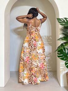 Slaydiva Vestido de talla grande con estampado floral y animal, estilo de vacaciones - Amarillo - Ver 2